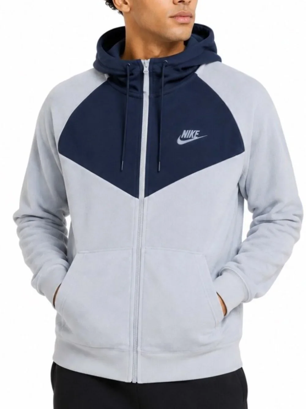 Nike Hoodie Mens S Powder Blue Navy Full Zip Fleece Y2K Athleisure Logo Techwear